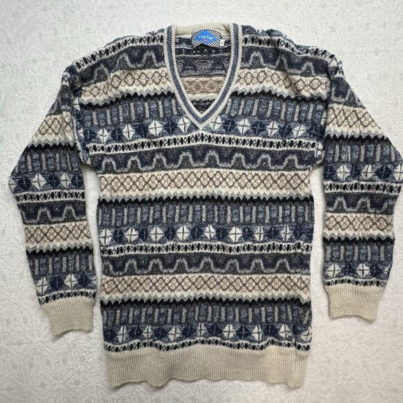 VTG Kay & Kay Prep Shaggy Mohair Alpaca Fair Isle V Neck Sweater Navy Size 42 - Picture 1 of 11
